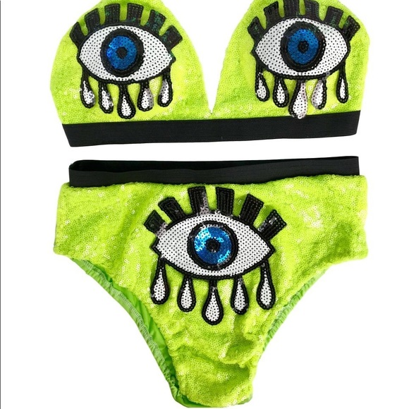 Rave Wonderland Swim Neon Yellow Sequin Eye Bikini Rave Set Sm